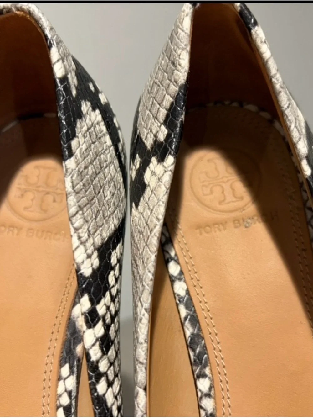 Tory Burch Chelsea Round-Toe Snakeskin-Embossed Leather Pumps.